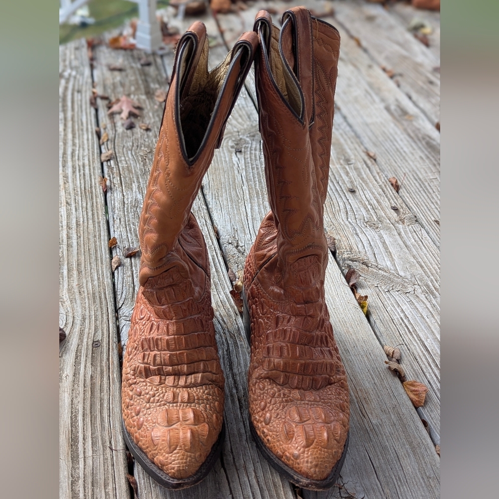 DAN POST Vintage Caiman Horn Back Crocodile Tail Rust Color Boots Mens 7.5D
